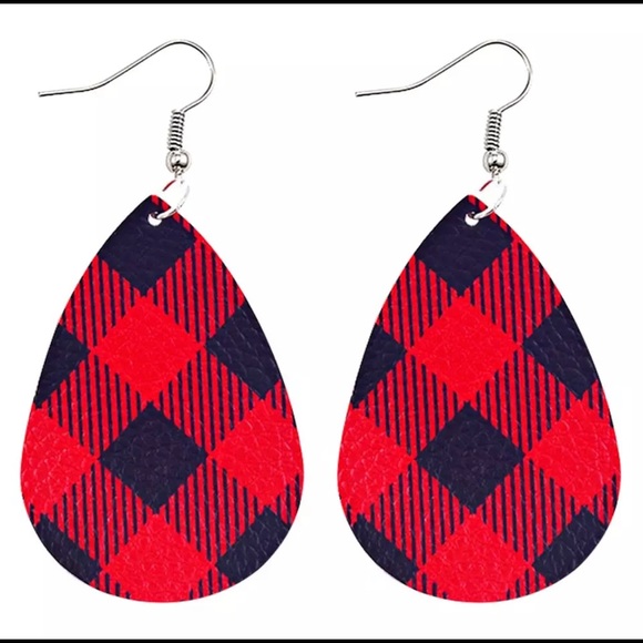 Faux leather plaid pattern tear drop earrings - Picture 1 of 2